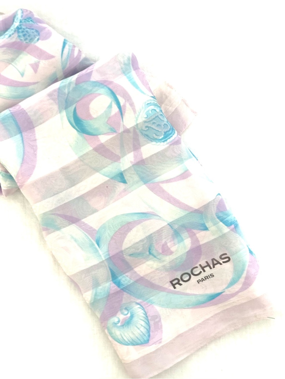ROCHAS Paris Silk Square Vintage Scarf in Lavender & Aqua Swirls on White 34x34
